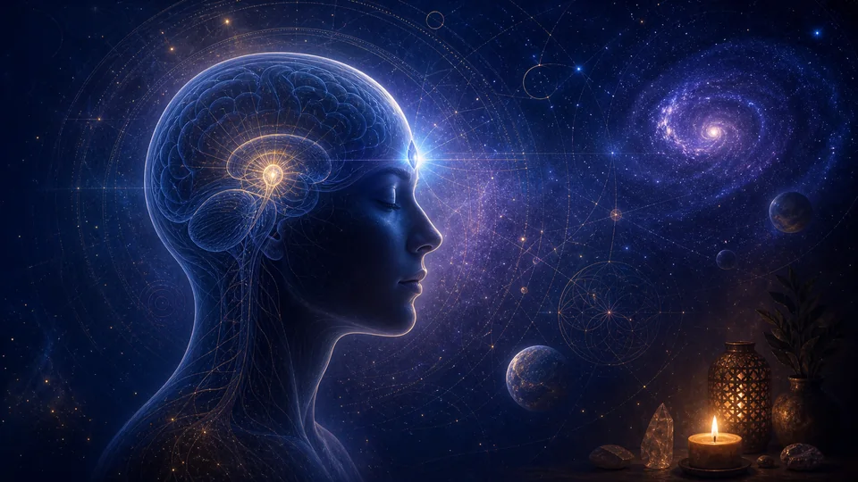 Silhueta humana em perfil com ponto luminoso interno e campo cósmico representando glândula pineal e terceiro olho