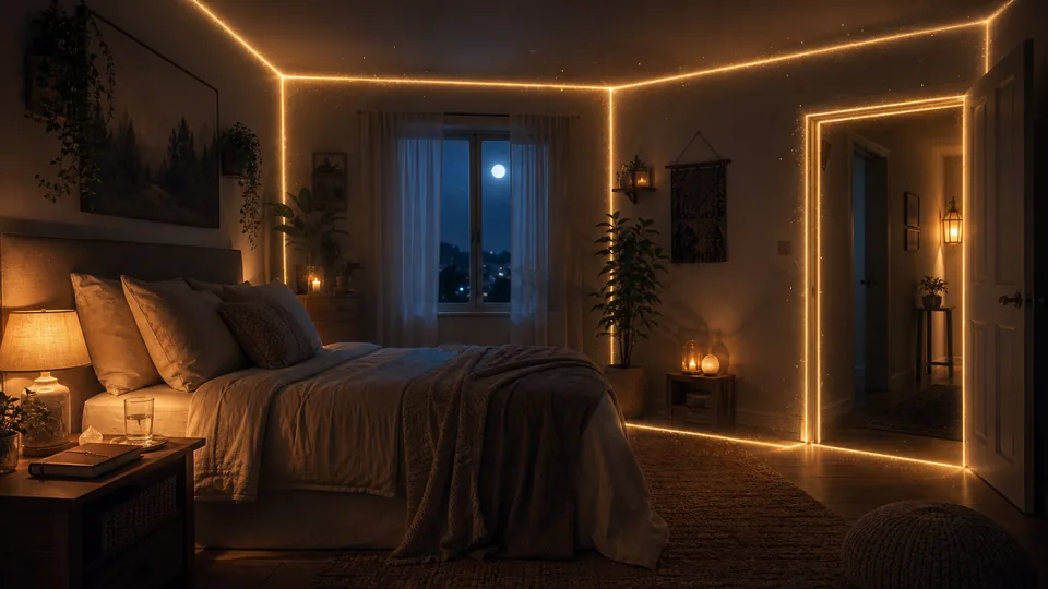Banheiro iluminado com ?gua, plantas e raios dourados simbolizando higiene energ?tica di?ria