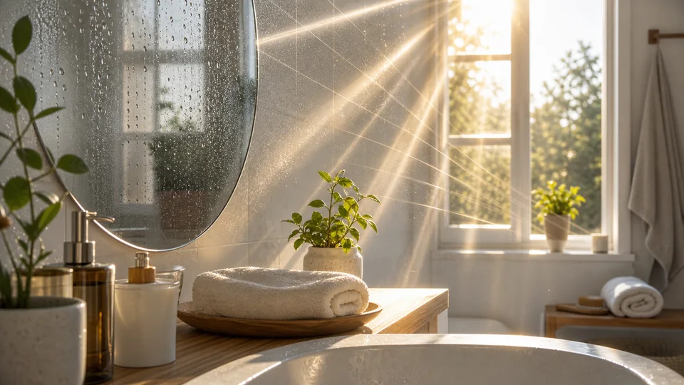 Banheiro iluminado com ?gua, plantas e raios dourados simbolizando higiene energ?tica di?ria