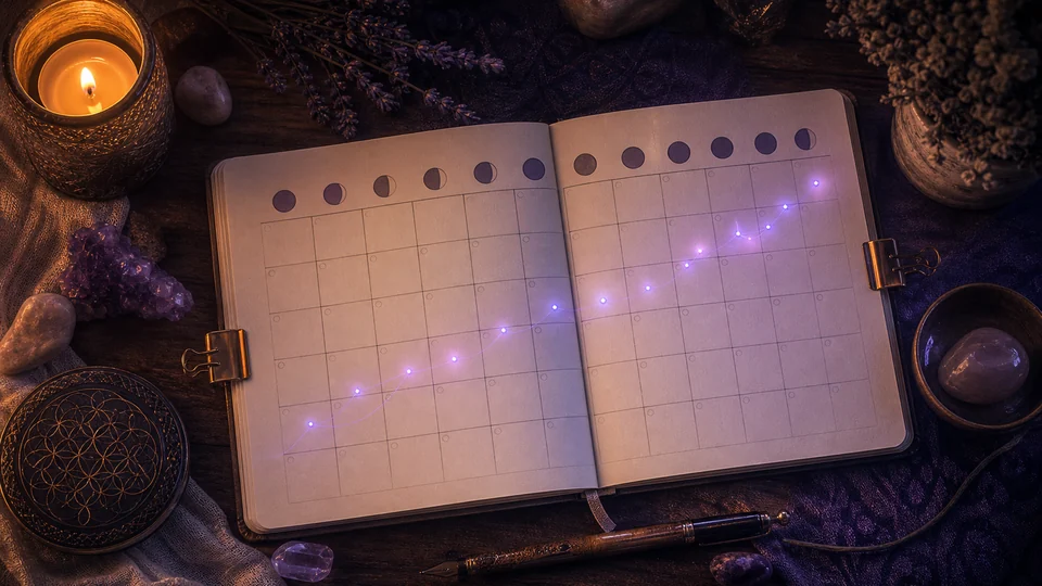 Calendário espiritual sem texto com pontos de luz formando padrão de intuição ao longo do tempo