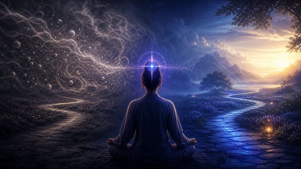 Paisagem espiritual com caminho claro e nuvem de pensamentos representando diferença entre intuição e coisa da cabeça