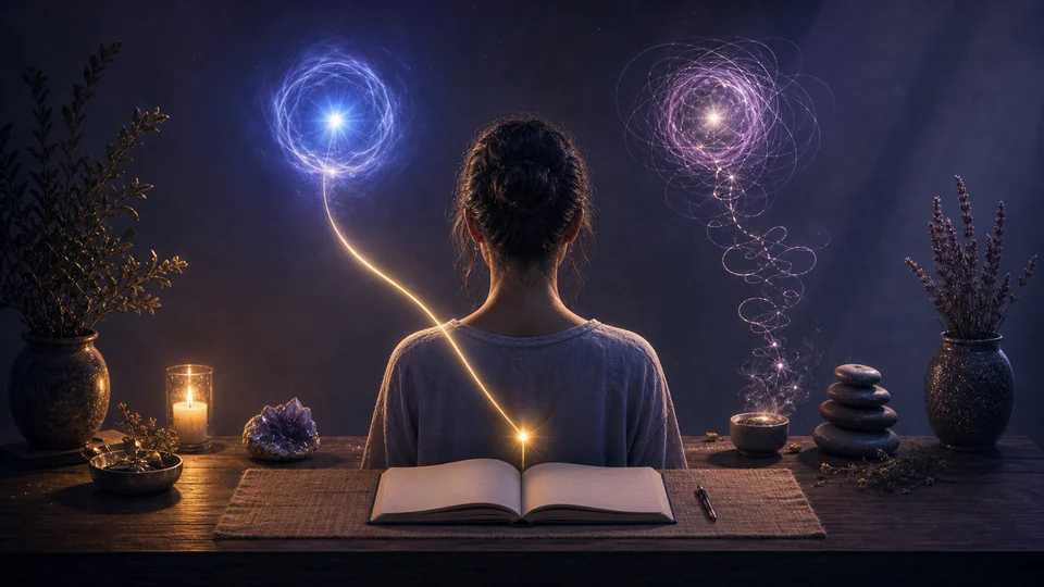 Diário com duas luzes simbolizando intuição calma e pensamento repetitivo confuso