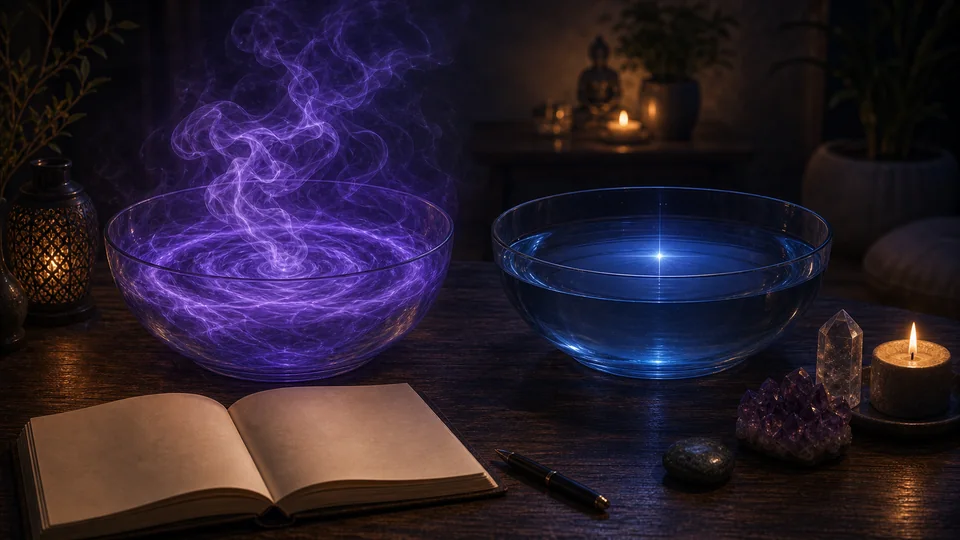 Duas taças simbólicas com fumaça violeta turbulenta e água azul clara para diferenciar pensamento repetitivo de intuição