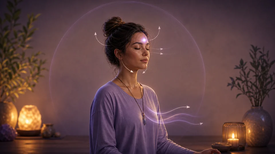 Pessoa meditando com o rosto relaxado e luz suave no chakra frontal