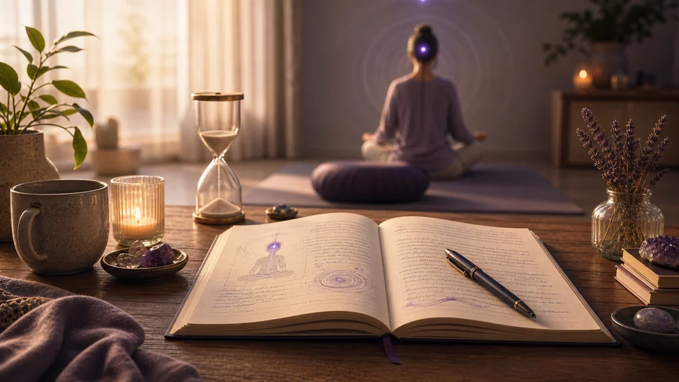 Diário espiritual aberto ao lado de um espaço de meditação para registrar a prática do terceiro olho