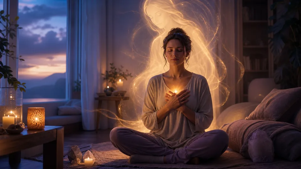 Pessoa em meditação com as mãos no coração recebendo luz serena do anjo da guarda