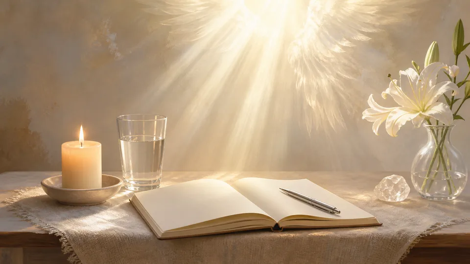 Mesa simples com vela, água e diário espiritual preparada para meditação com o anjo da guarda