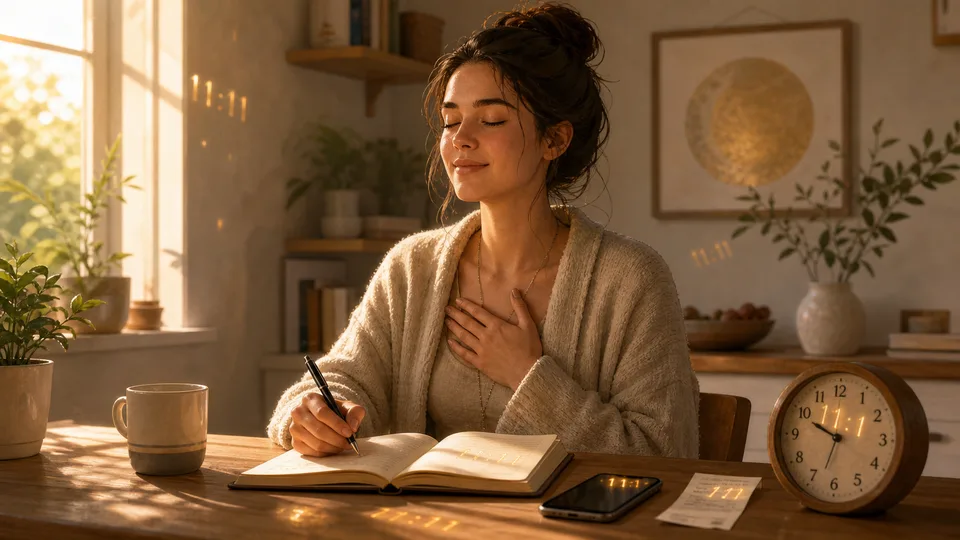 Pessoa anotando números repetidos com calma para interpretar sinais angelicais sem ansiedade