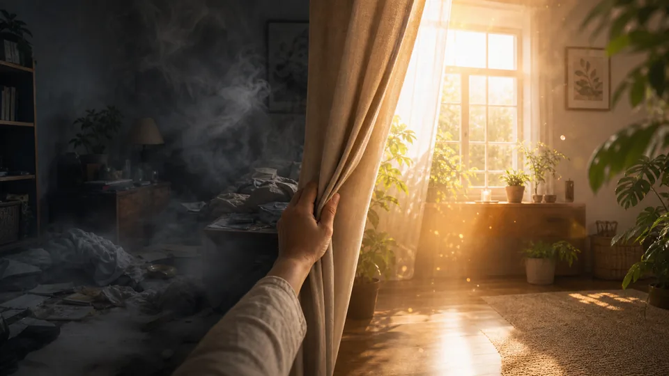 B?ssola e fios energ?ticos sobre mesa escura atravessados por uma linha dourada de sintonia vibracional