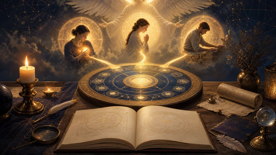 Caderno aberto e mandala angelical com três caminhos de luz para oração emoção e ação