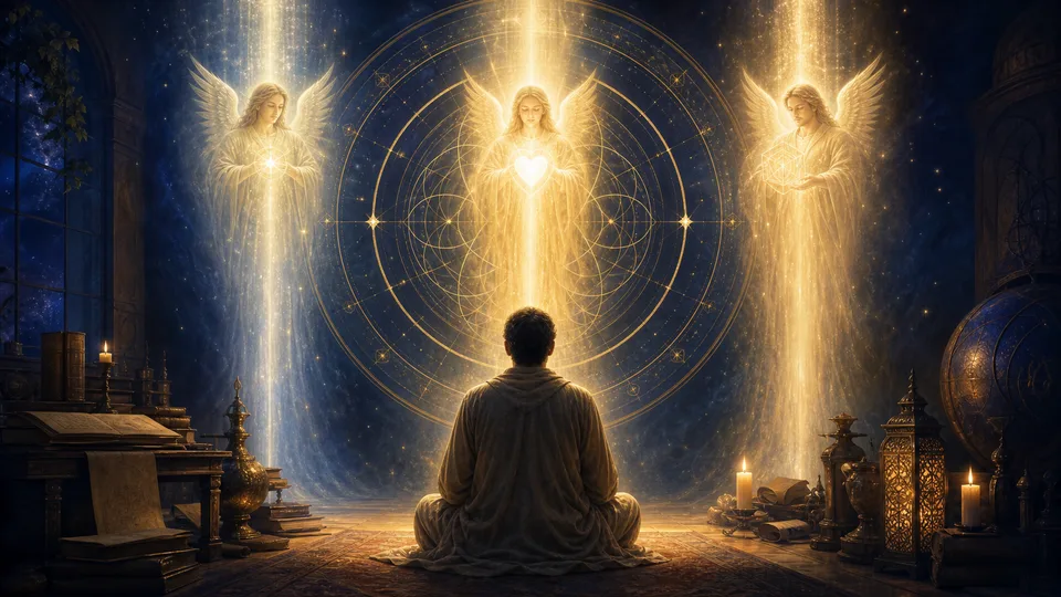 Pessoa meditando diante de três presenças angelicais que representam espírito coração e ação