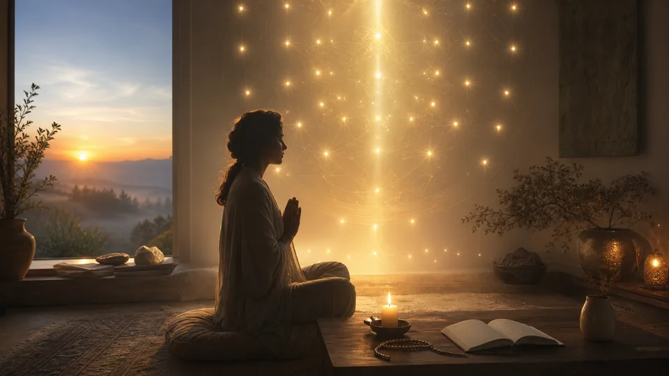 Pessoa em oração recebendo pontos de luz que representam como os 72 anjos atuam na vida