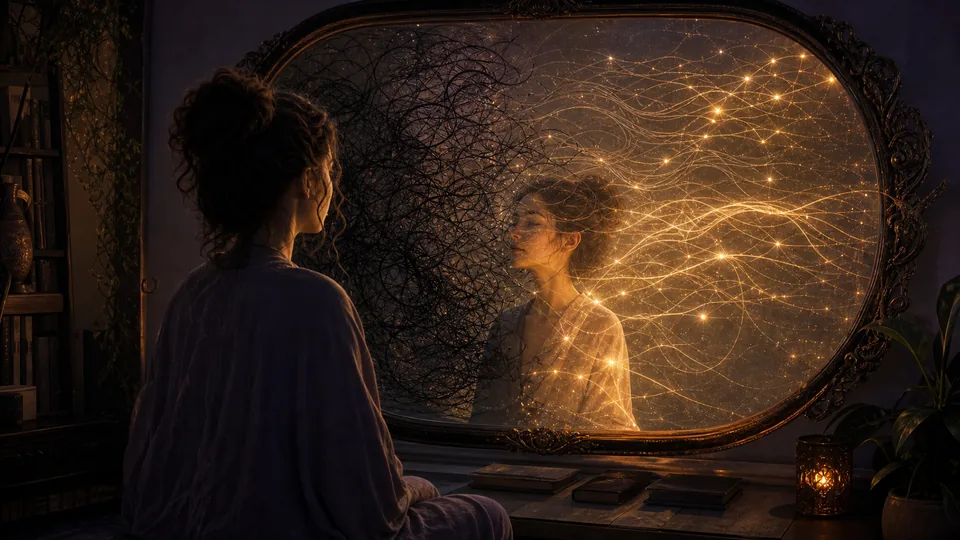 Conversa em caf? com limite luminoso separando ondas emocionais densas entre duas pessoas