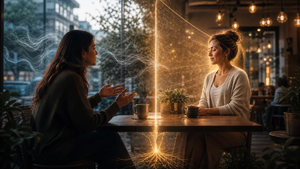Conversa em caf? com limite luminoso separando ondas emocionais densas entre duas pessoas