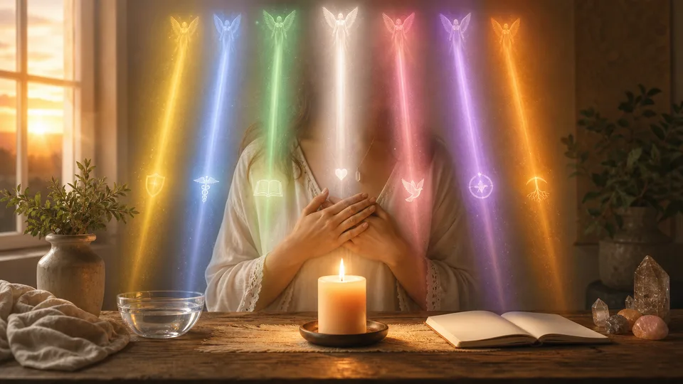 Pessoa preparando oração aos 7 arcanjos com vela, água e sete raios de luz espiritual