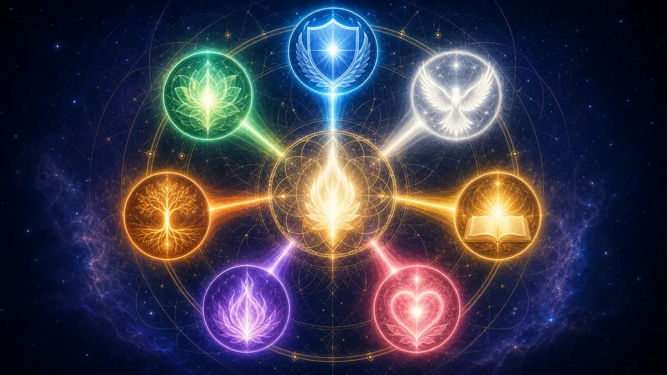 Sete raios espirituais representando virtudes dos arcanjos em círculo de luz