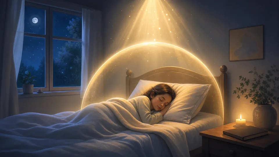 Pessoa dormindo em paz sob uma luz dourada de proteção após rezar o Santo Anjo