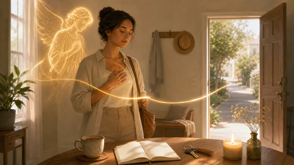 Pessoa rezando o Santo Anjo antes de sair de casa com luz dourada de proteção espiritual
