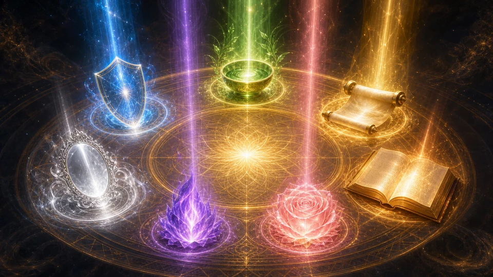 Sete símbolos luminosos representando as missões espirituais dos 7 arcanjos