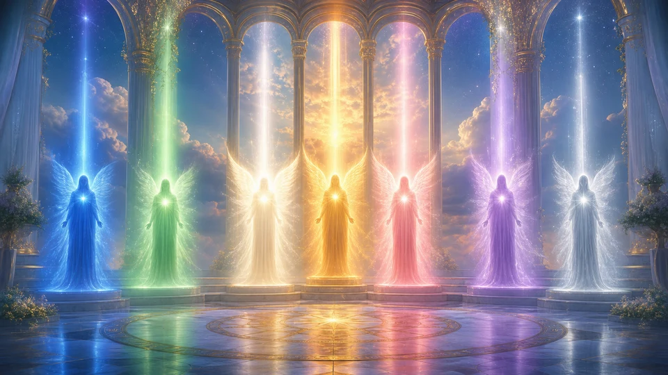 Sete presenças angelicais luminosas representando os 7 arcanjos e suas missões espirituais