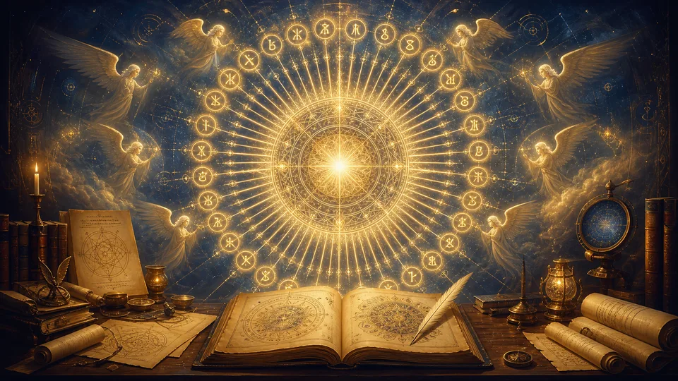 Mandala luminosa dos 72 nomes de Deus irradiando virtudes para anjos cabalísticos