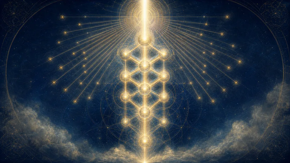 Feixe de luz divina descendo por uma estrutura espiritual que representa a raiz dos 72 nomes