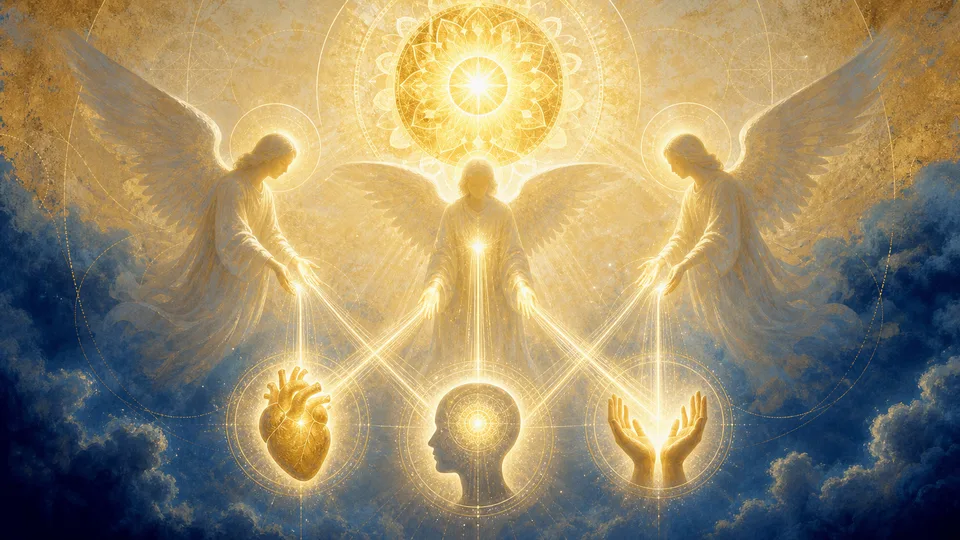 Anjos cabalísticos recebendo luz dos nomes divinos e direcionando virtudes para coração mente e ação