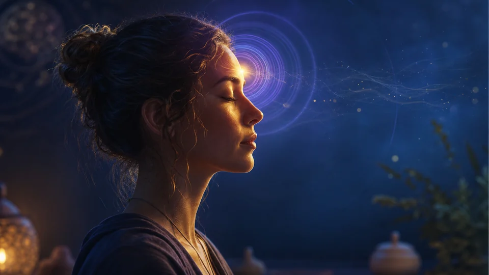 Pessoa em meditação com ondas suaves de luz azul-violeta diante da testa representando pressão no terceiro olho