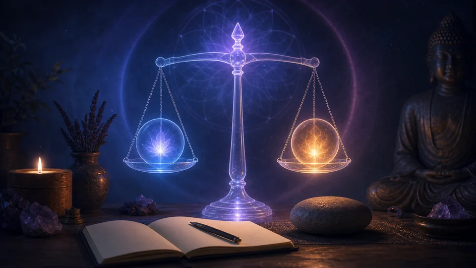 Balança luminosa em ambiente de meditação simbolizando equilíbrio entre percepção e esforço
