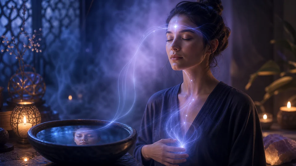Pessoa relaxada com luz suave no rosto durante prática do terceiro olho