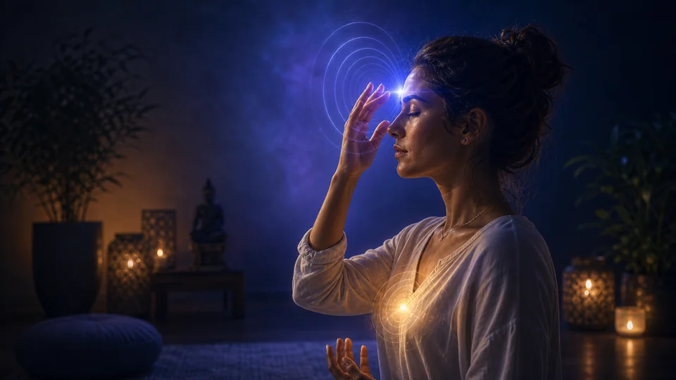 Pessoa calma em perfil com anéis suaves de luz azul-violeta diante da testa durante prática do terceiro olho