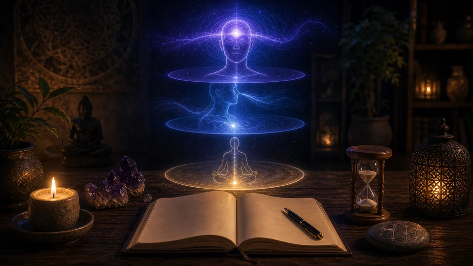 Mesa espiritual com diário, vela e camadas de luz para representar possíveis origens da pressão na testa