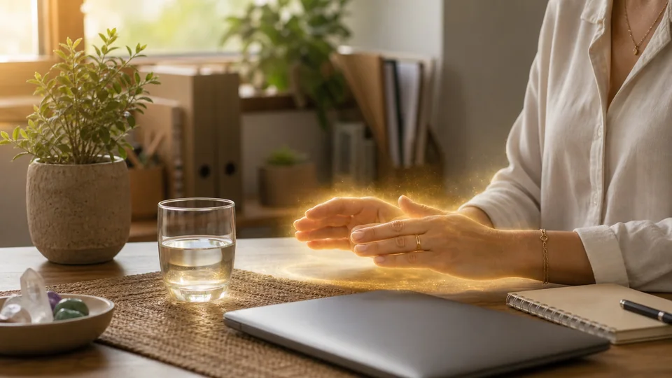 Mesa de trabalho com água, caderno e luz dourada para preparação energética