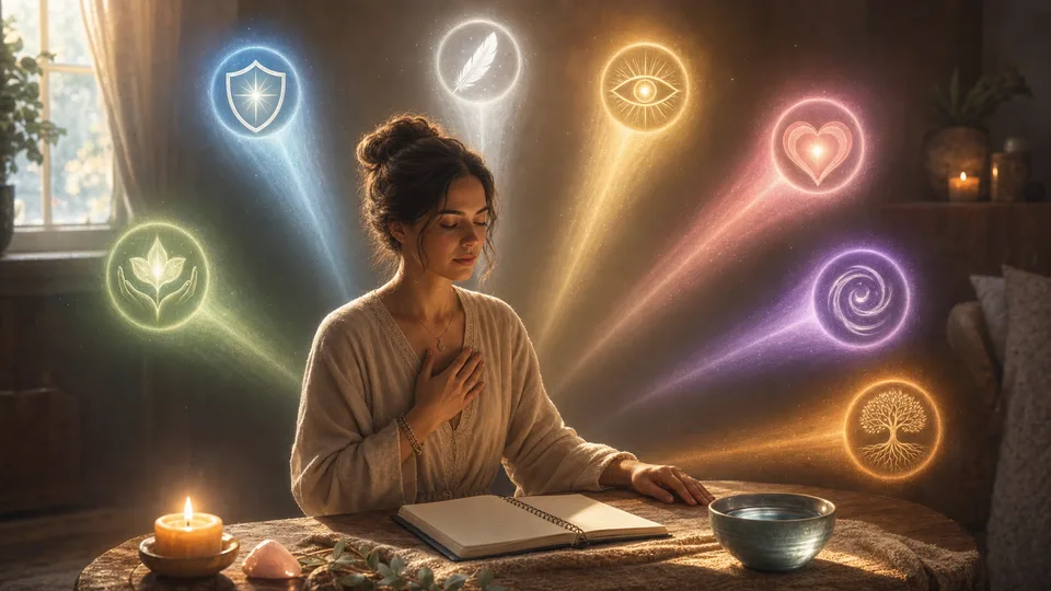 Pessoa em uma mesa de oração escolhendo o arcanjo certo conforme sete raios de luz espiritual