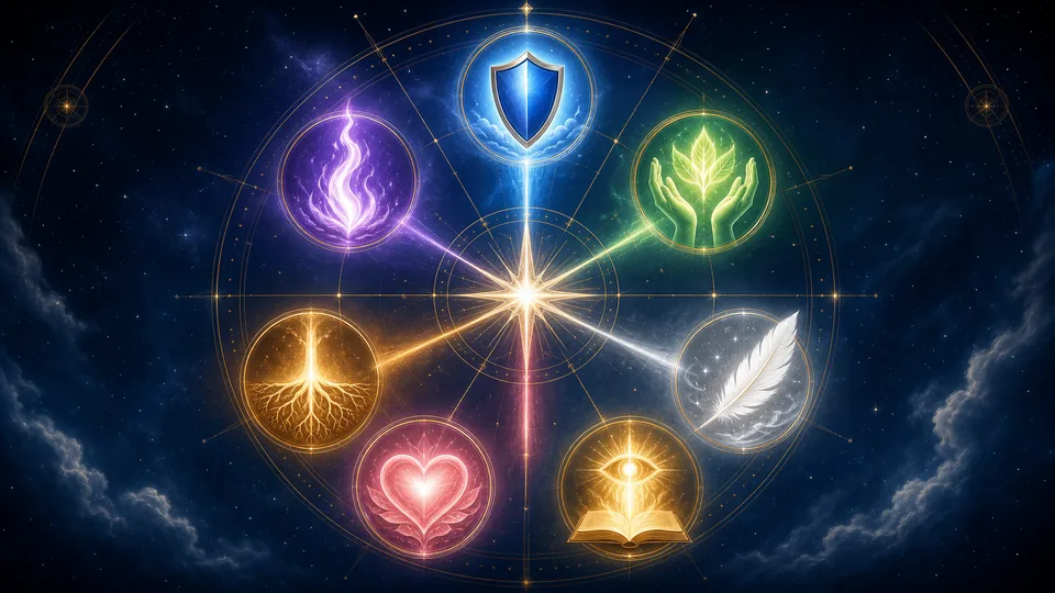 Bússola espiritual de sete raios representando virtudes dos arcanjos para cada situação