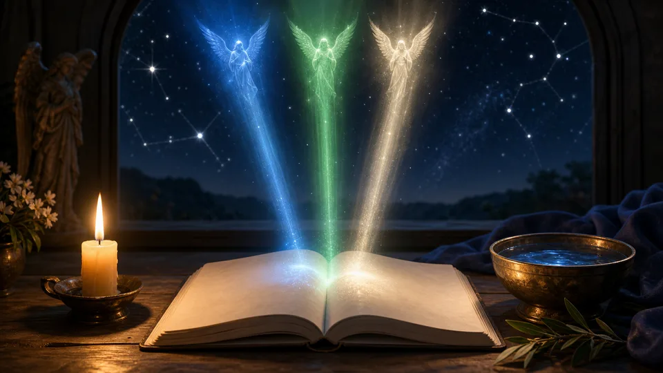 Livro aberto recebendo três luzes angelicais como símbolo de correspondência espiritual dos arcanjos