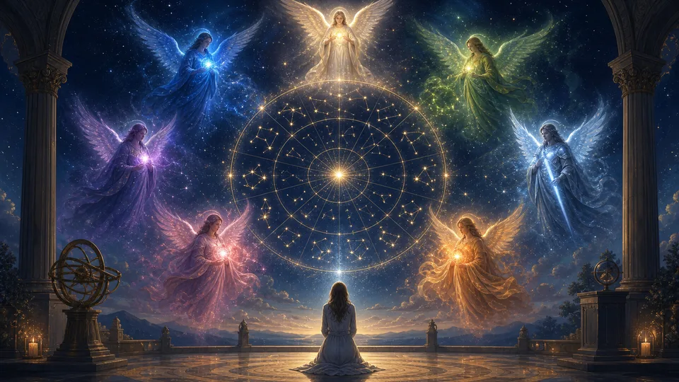 Roda celeste com luzes arcangélicas representando signos, datas e proteção espiritual