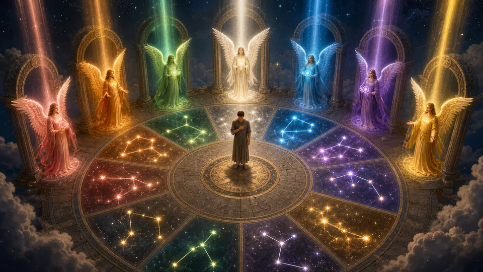 Círculo celeste com segmentos luminosos e presenças arcangélicas representando signos e datas