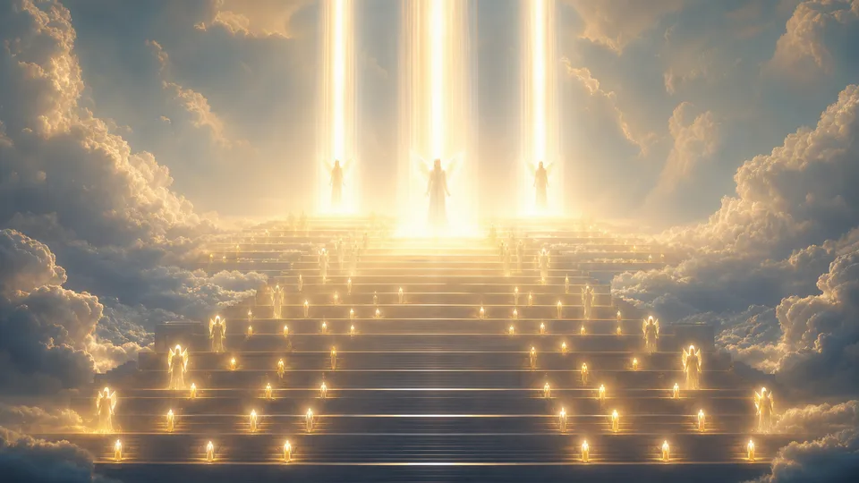 Escada de luz com pequenas presenças angelicais e grandes colunas luminosas representando arcanjos