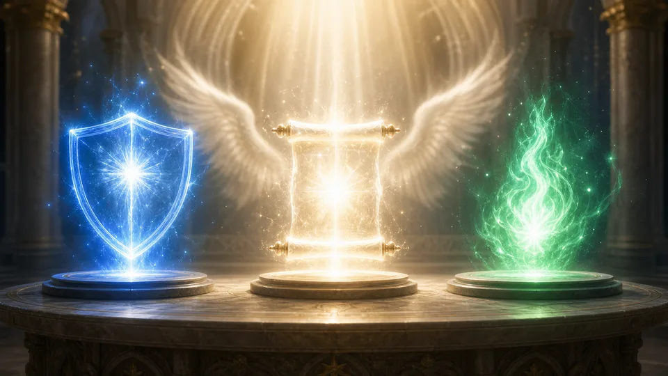 Escudo azul, pergaminho dourado e chama verde simbolizando Miguel, Gabriel e Rafael