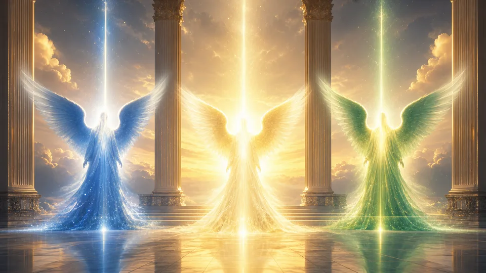 Três presenças luminosas representando arcanjos em azul, dourado e verde