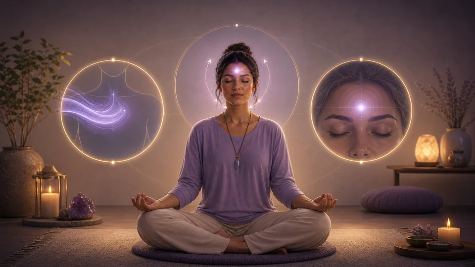 Pessoa meditando com respiração calma, rosto relaxado e foco suave no terceiro olho