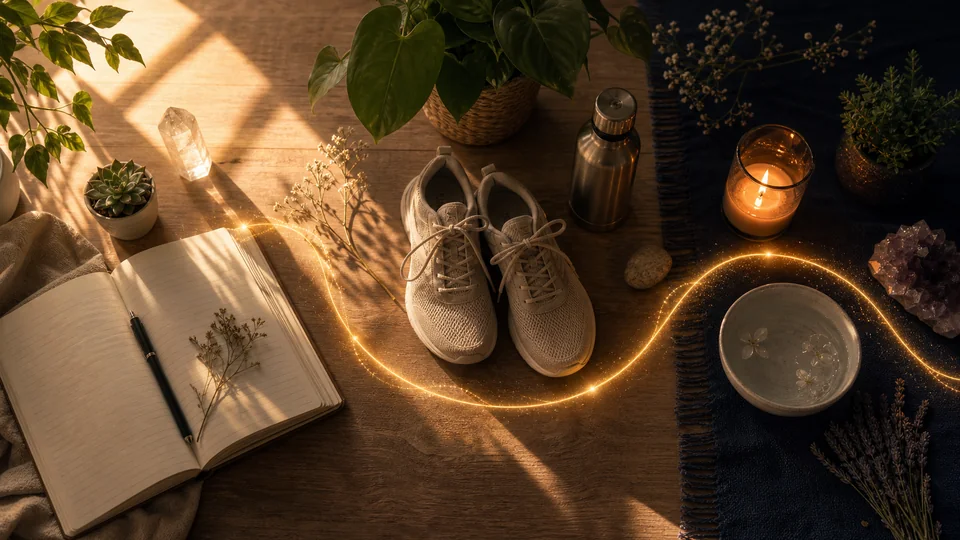 Mesa de rotina espiritual com di?rio, vela, ?gua e caminho dourado conectando pr?ticas do dia