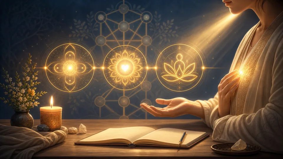 Diagrama luminoso mostrando nome, virtude e prática espiritual de um anjo cabalístico