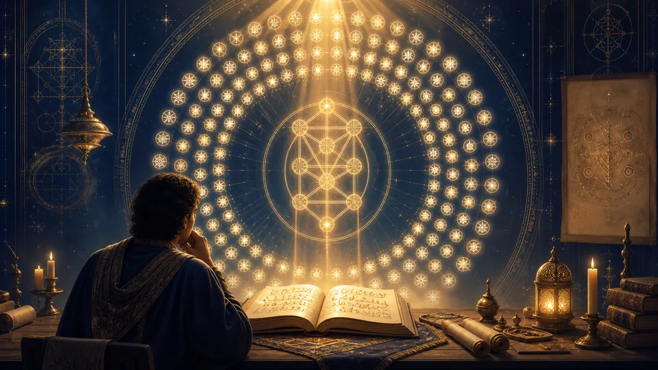 Pessoa estudando uma mandala dourada com os 72 anjos cabalísticos e suas virtudes