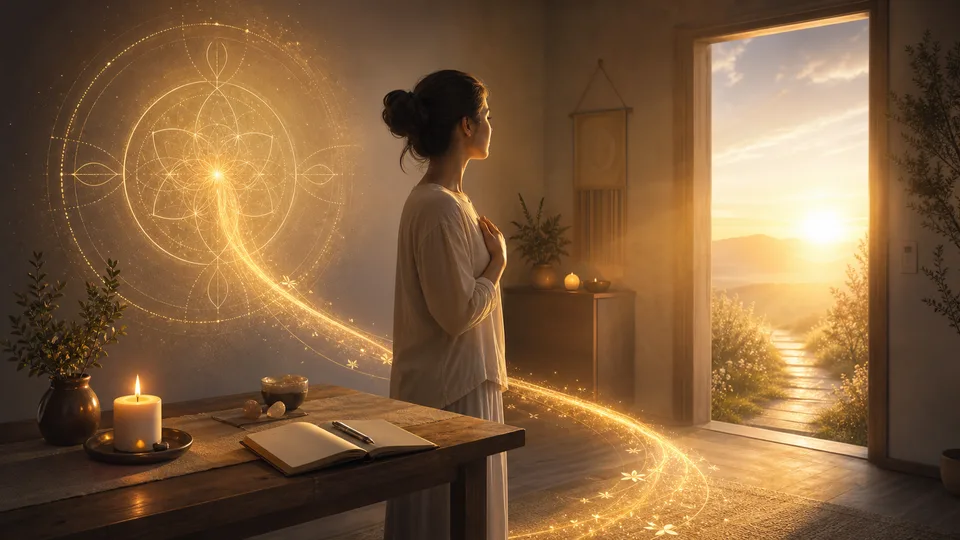Pessoa levando uma virtude angelical para a prática diária com luz dourada ao amanhecer