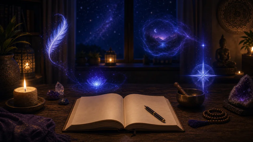 Diário espiritual com sinais luminosos sutis, vela e céu estrelado para representar sinais do terceiro olho abrindo