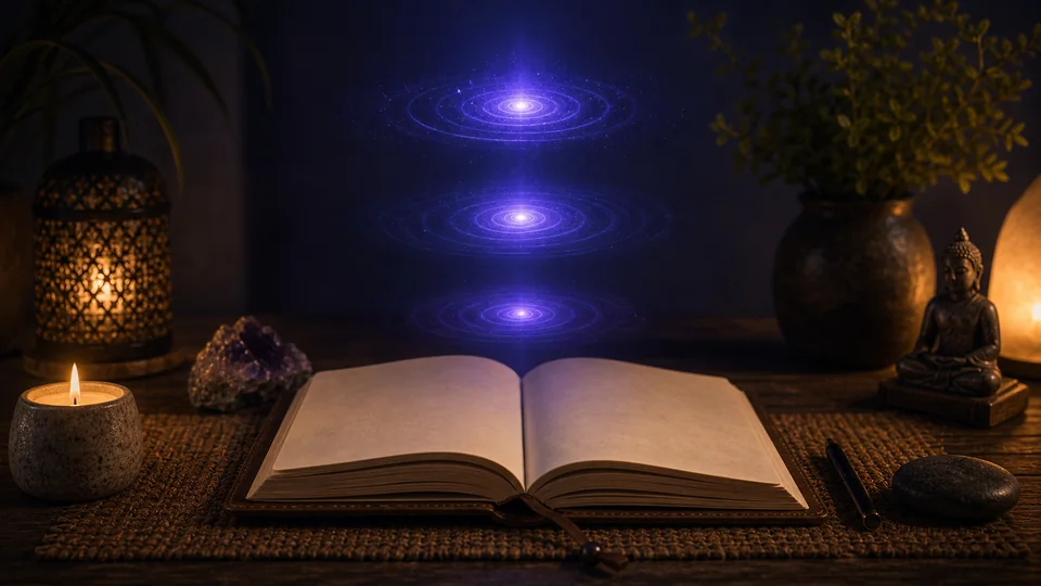 Diário em branco com ripples de luz azul-violeta para observar sinais do terceiro olho com calma