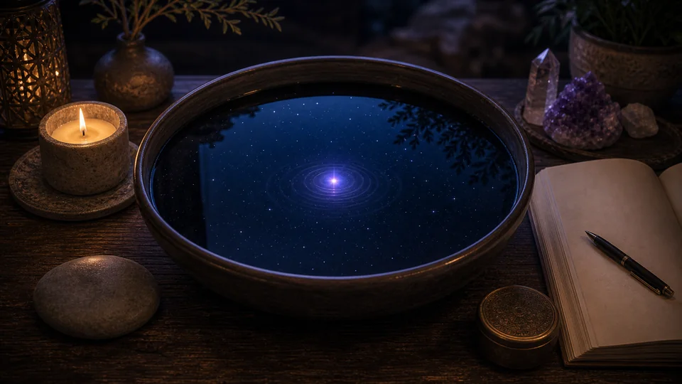 Taça de água refletindo céu estrelado com luz azul-violeta suave para observar sinais sem exagero