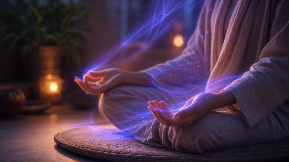 Mãos em meditação com fios suaves de luz violeta representando sensibilidade energética
